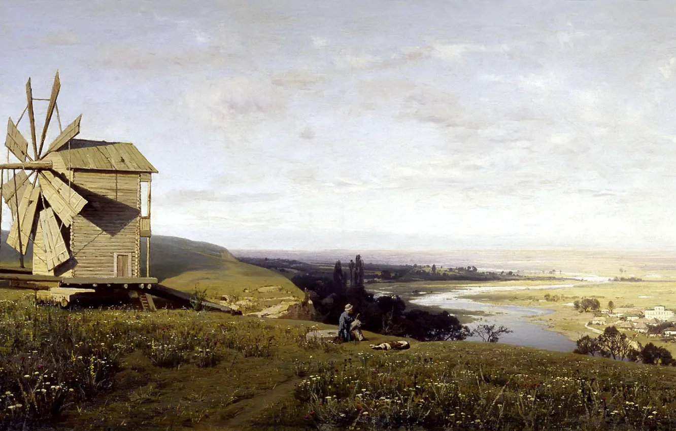 Фото обои природа, картина, панорама, пастух, Владимир Орловский, Украинский Пейзаж с Ветряной Мельницей