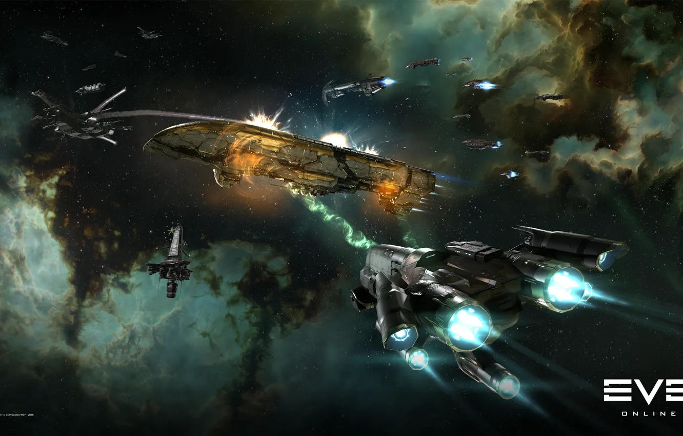 Фото обои космос, туманность, space, битва, космический корабль, eve online, battle, space ship