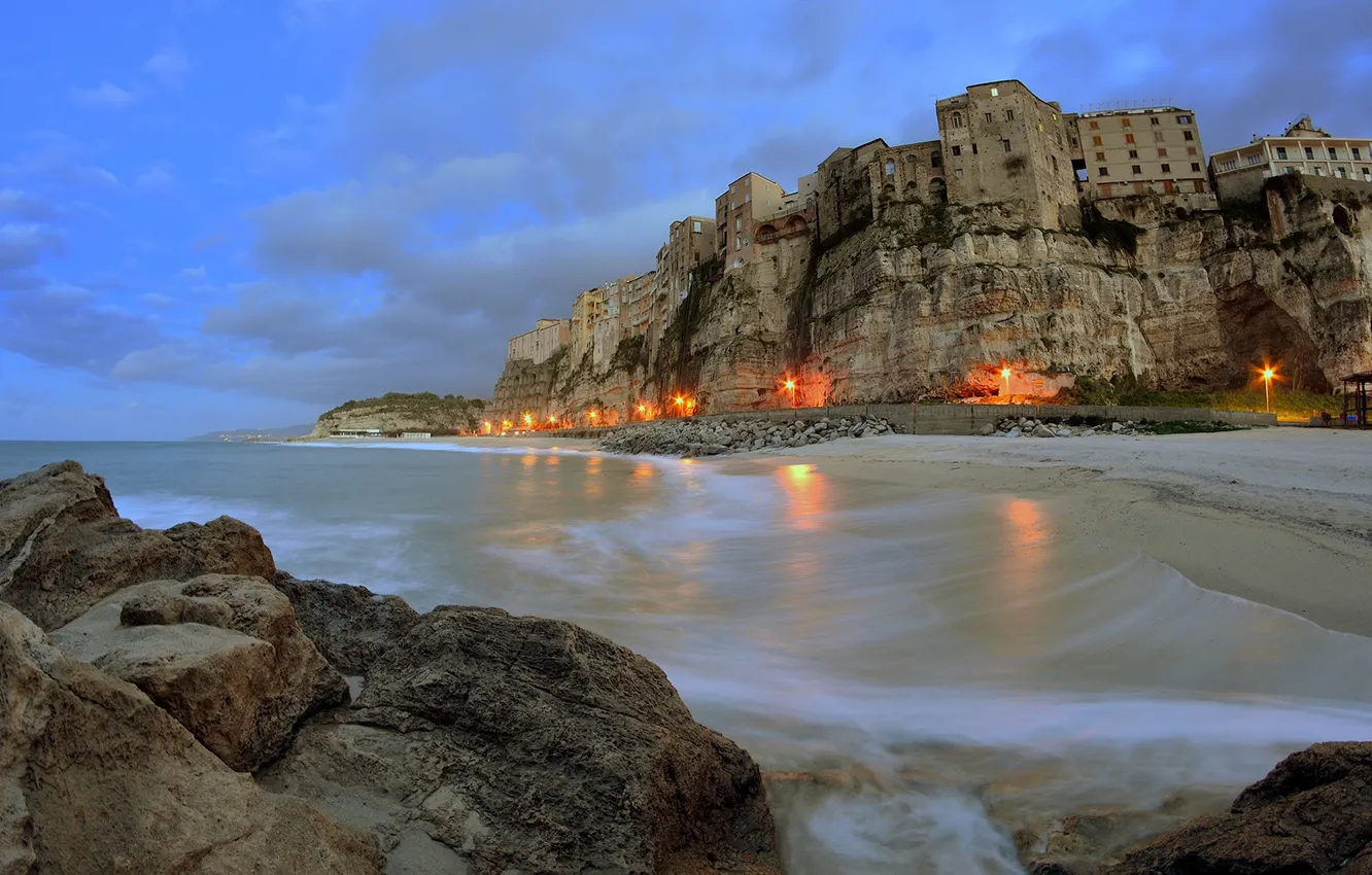 Фото обои lights, sky, sea, landscape, Italy, clouds, village, cliff