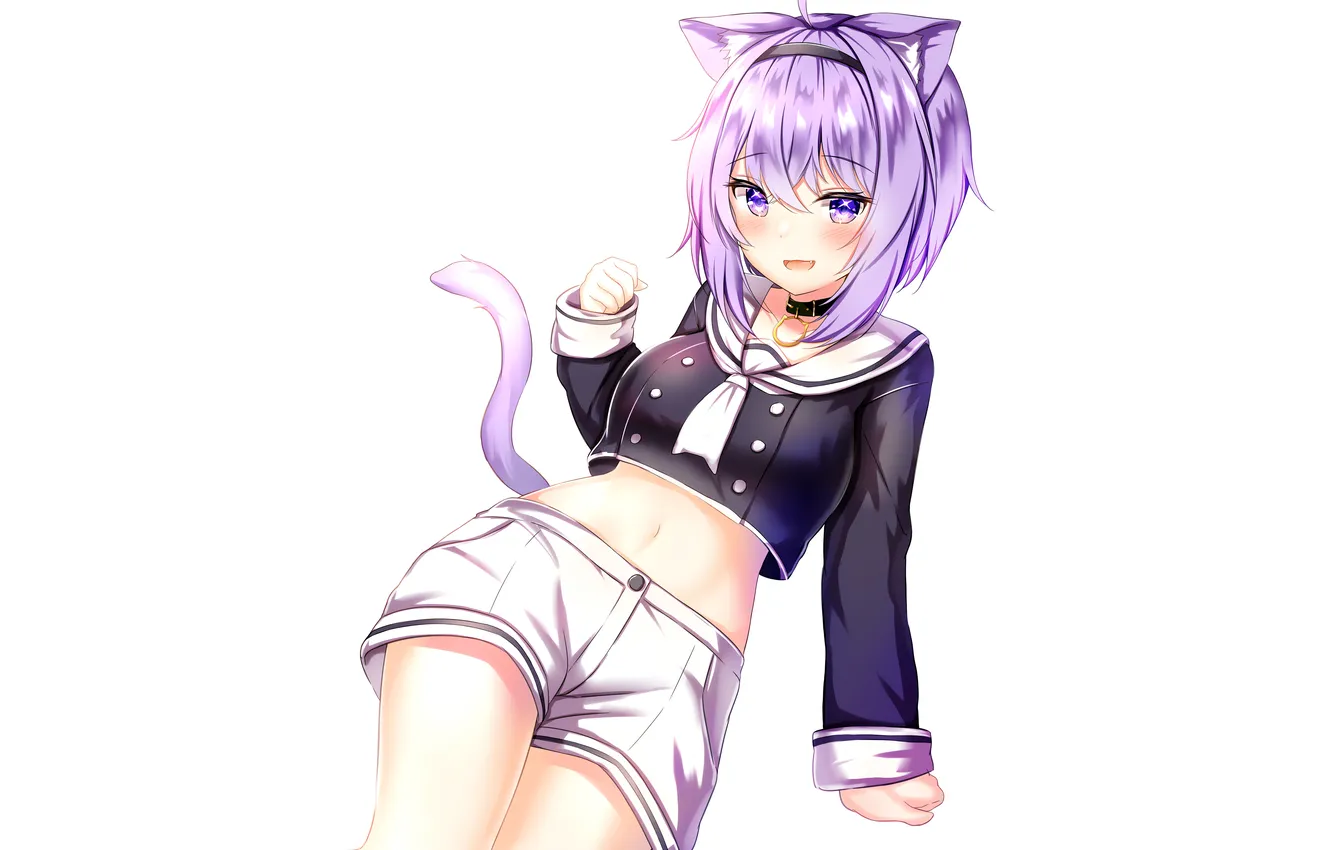 Фото обои girl, shorts, animal ears, anime, beautiful, short hair, purple eyes, pretty