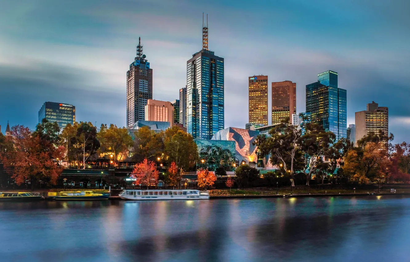 Фото обои город, река, здания, дома, вечер, освещение, Австралия, Мельбурн