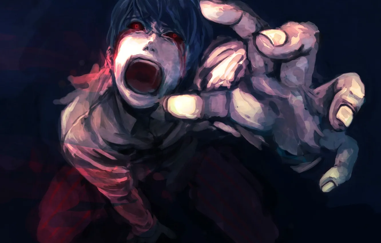 Фото обои кровь, рука, арт, Аниме, парень, Anime, крик, Tokyo Ghoul