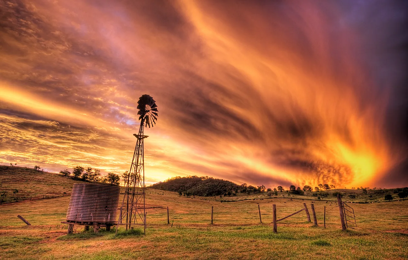 Фото обои небо, облака, огонь, пламя, австралия, ферма