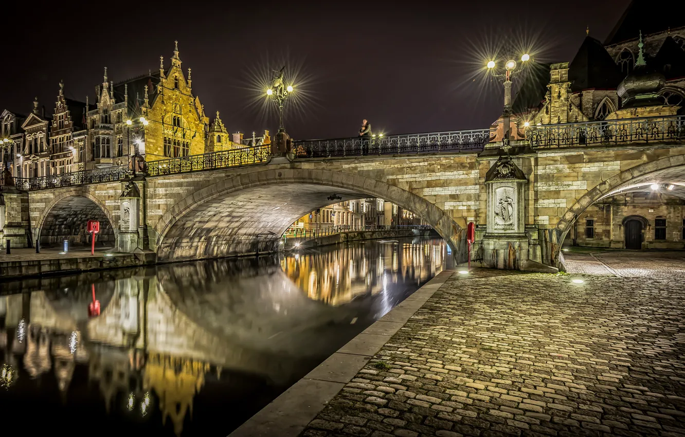 Фото обои ночь, мост, огни, река, дома, фонари, канал, Бельгия