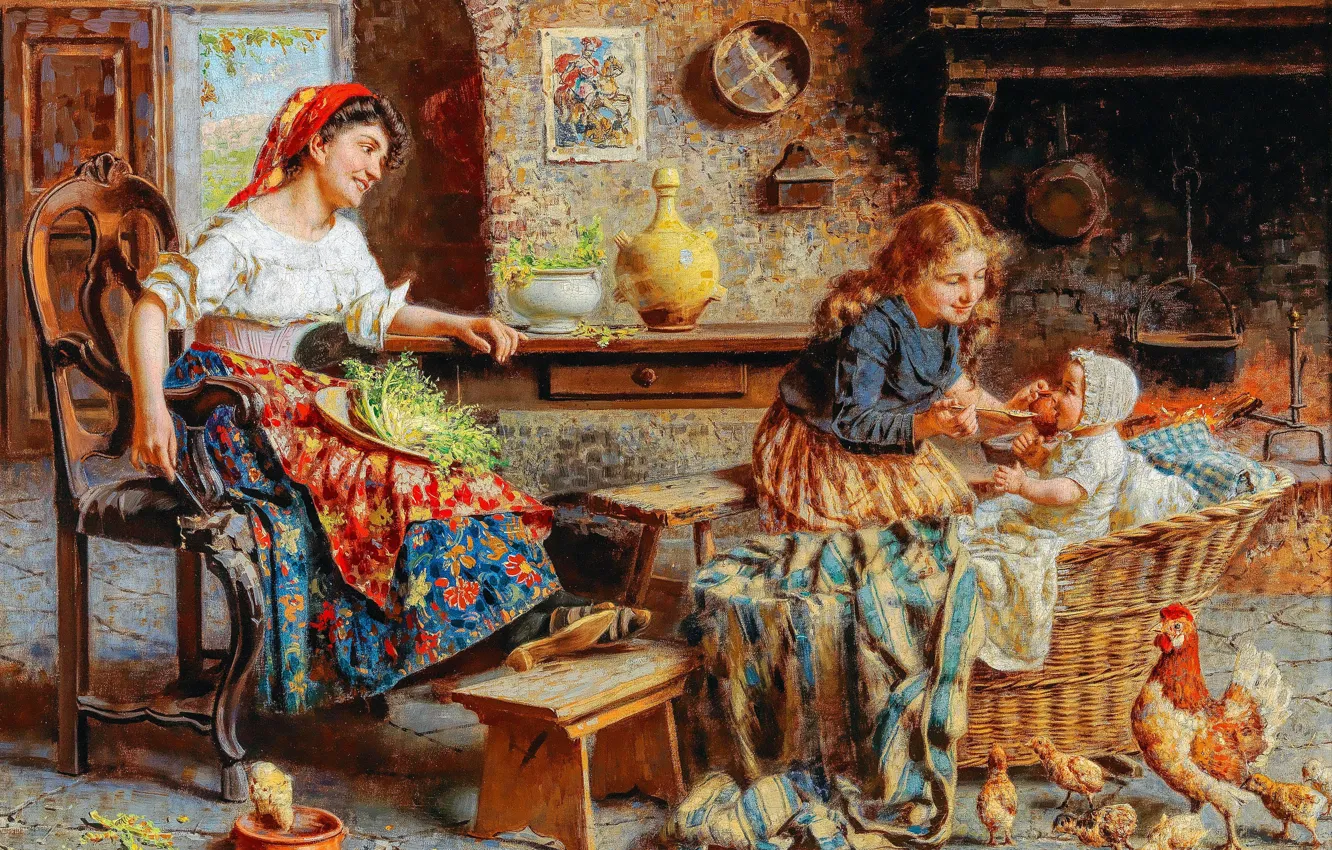 Фото обои Улыбка, Дети, Картина, Семья, Женщина, Курица, Eugenio Zampighi, Счастливая семья