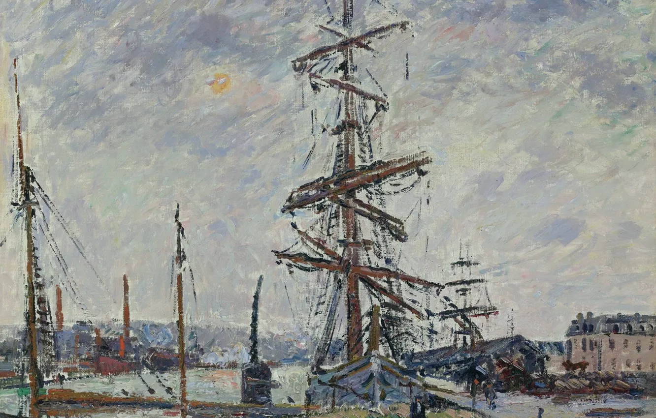 Фото обои корабль, картина, мачта, Гюстав Луазо, Gustave Loiseau, Суда в Порту