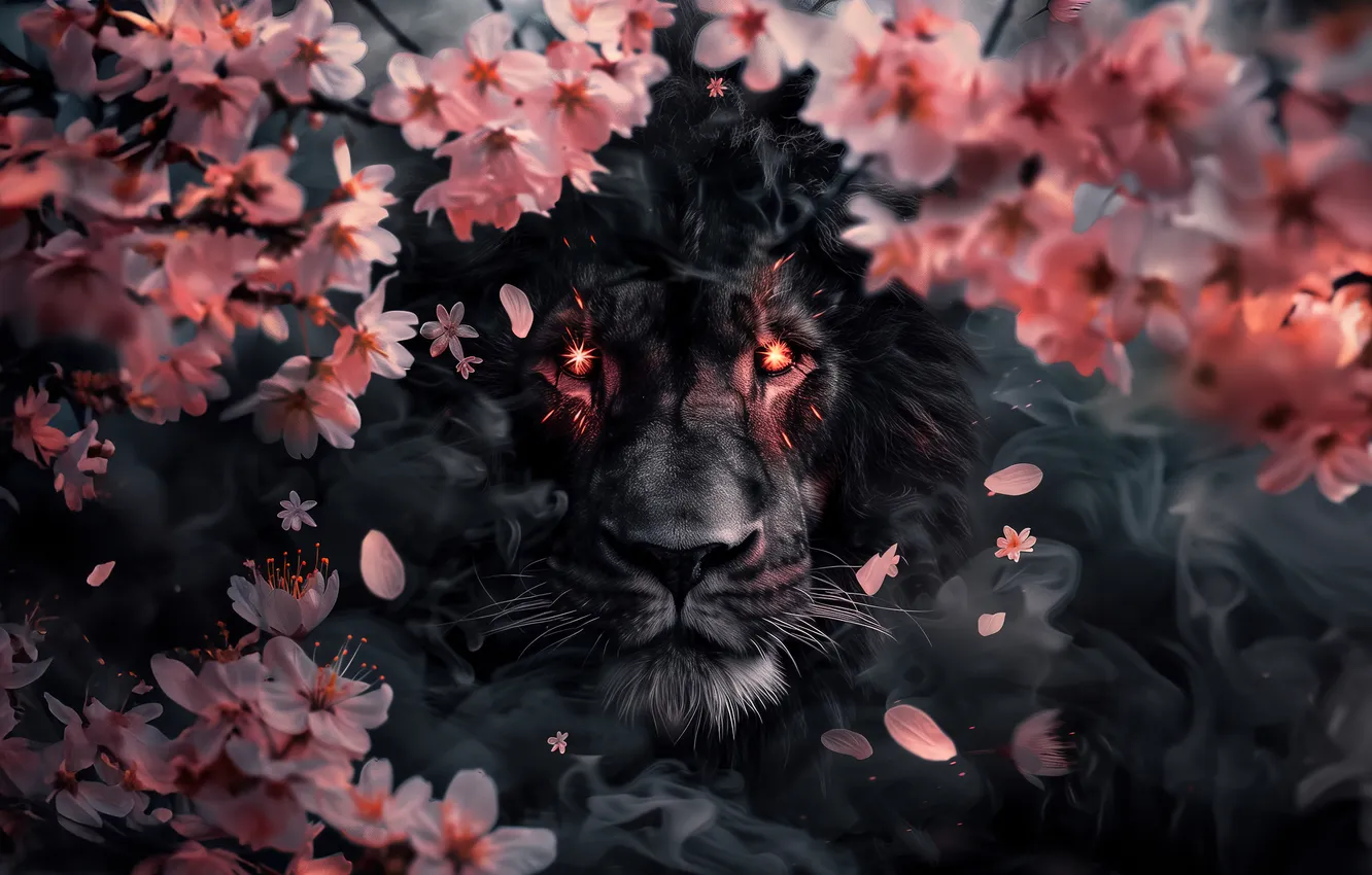 Фото обои Sakura, Cherry blossom, Lion, Smoke, Animals, AI art