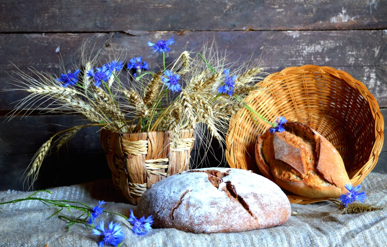 Фото обои пшеница, колоски, хлеб, натюрморт, васильки