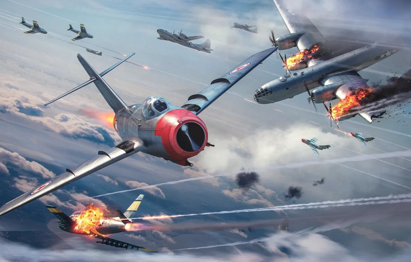Фото обои Небо, Самолет, Огонь, Война, Истребитель, USA, США, Пламя