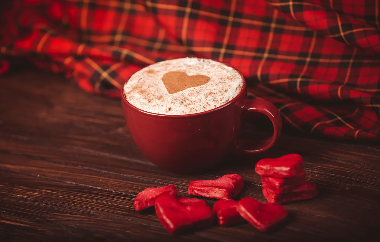 Фото обои кофе, сердца, конфеты, чашка, сердечки, красные, красная, капучино
