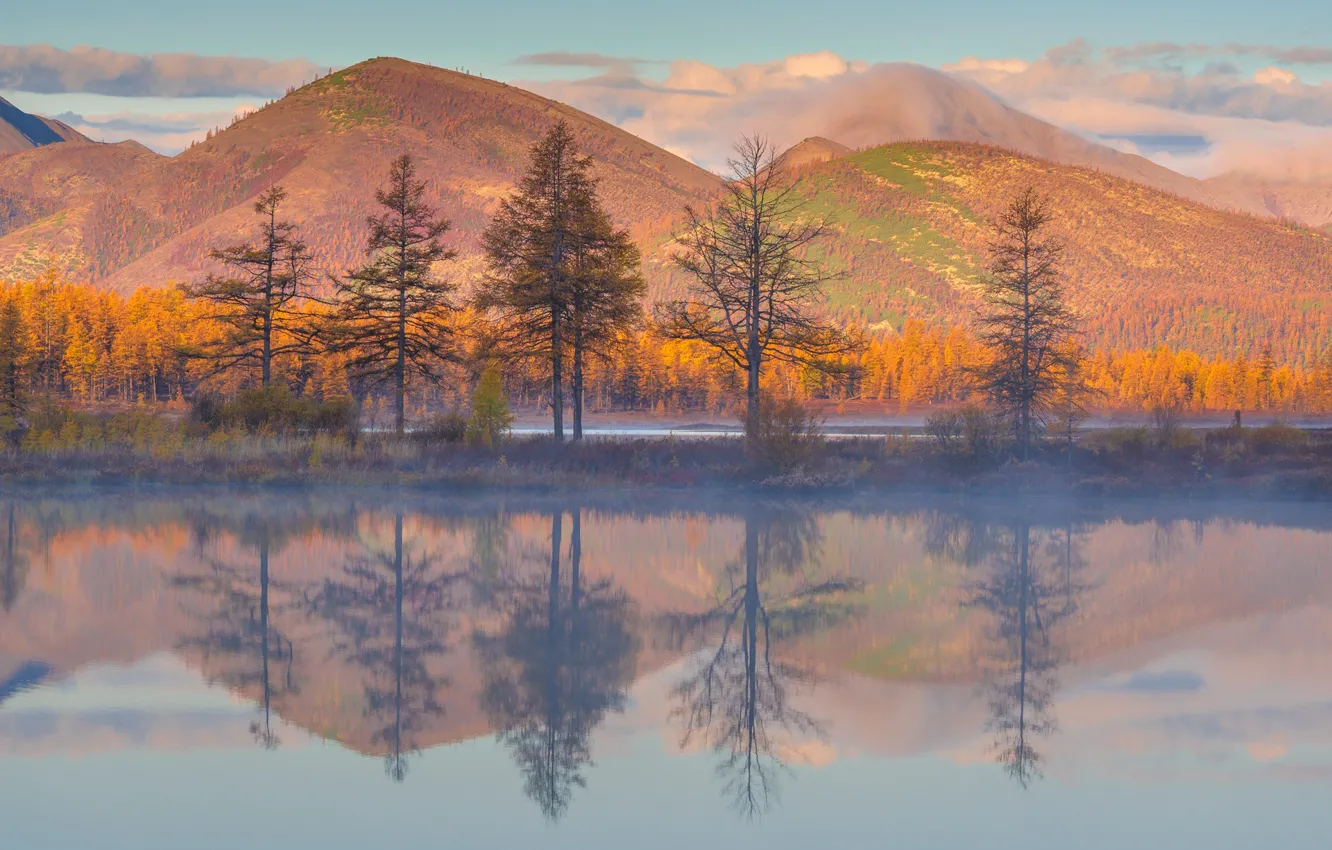 Фото обои осень, лес, небо, облака, деревья, горы, озеро, отражение