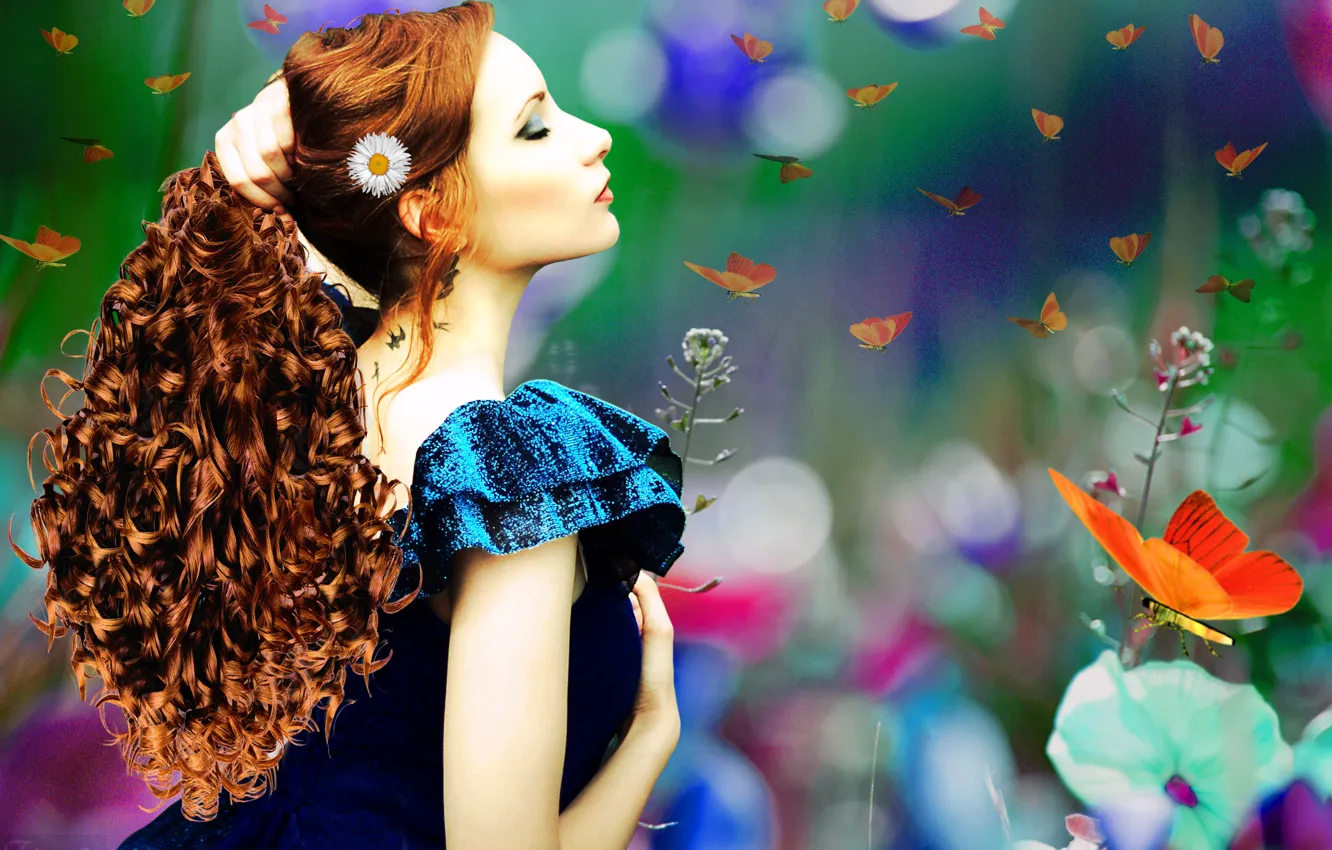 Фото обои девушка, бабочки, цветы, лицо, волосы, макияж, арт, профиль