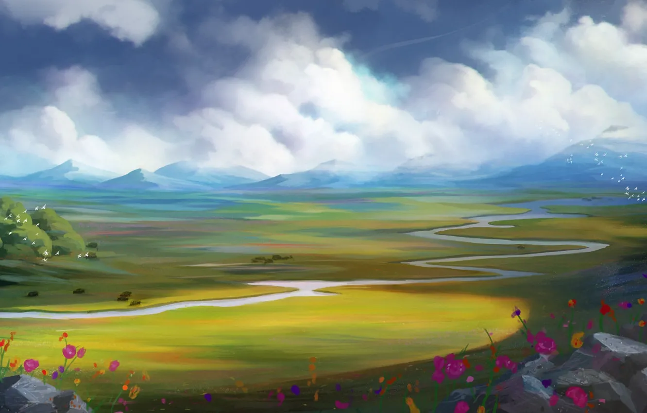 Фото обои облака, цветы, птицы, река, арт, нарисованный пейзаж