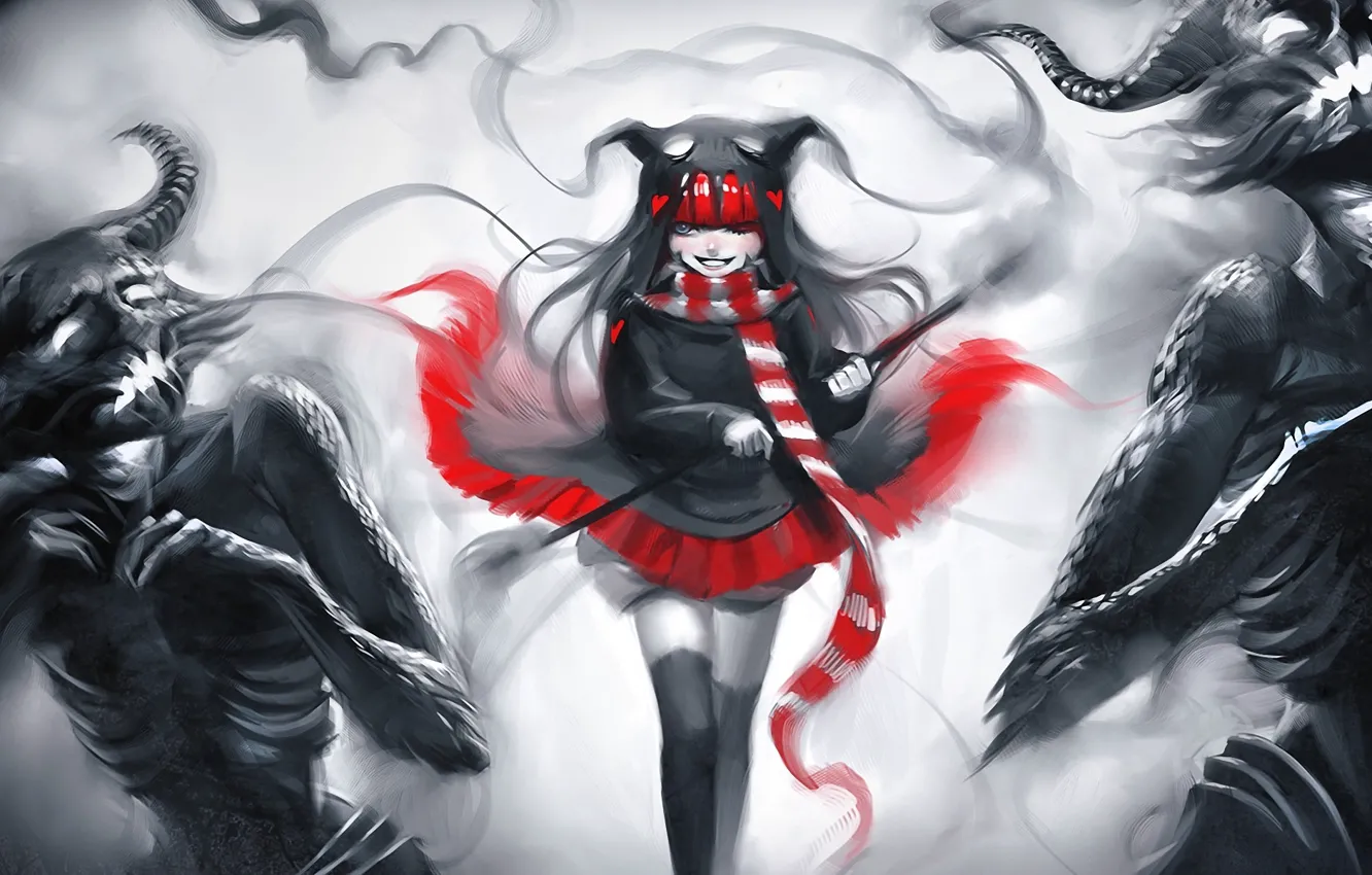 Фото обои красное, арт, монстры, девочка, сердечки, рога, черно-белое, нежить