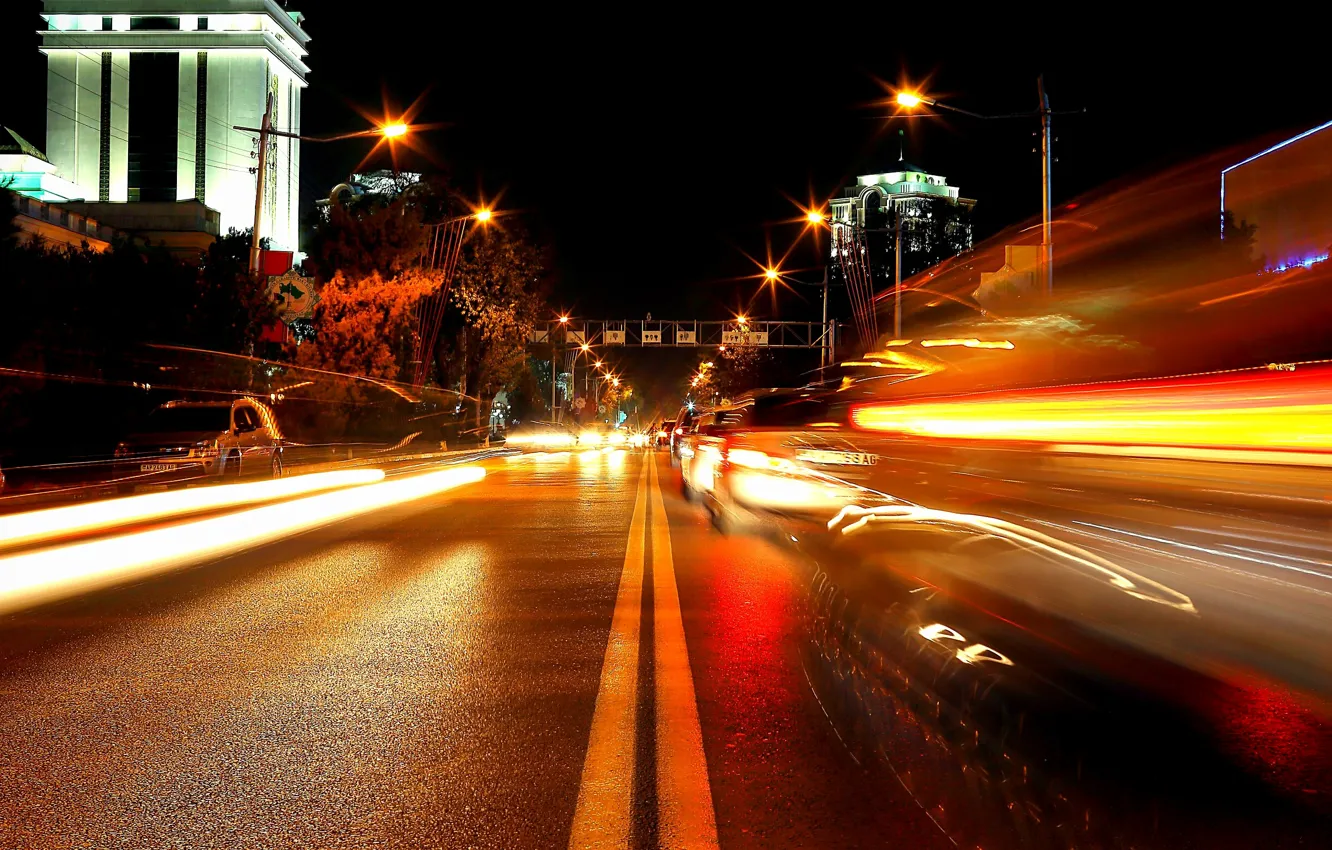 Фото обои дорога, ночь, огни, движение, выдержка, light, night, Туркменистан