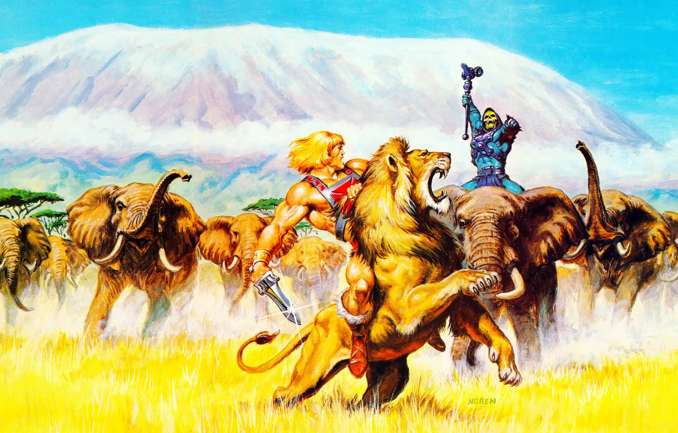 Фото обои гора, лев, саванна, герои, слоны, Skeletor, Он-Man