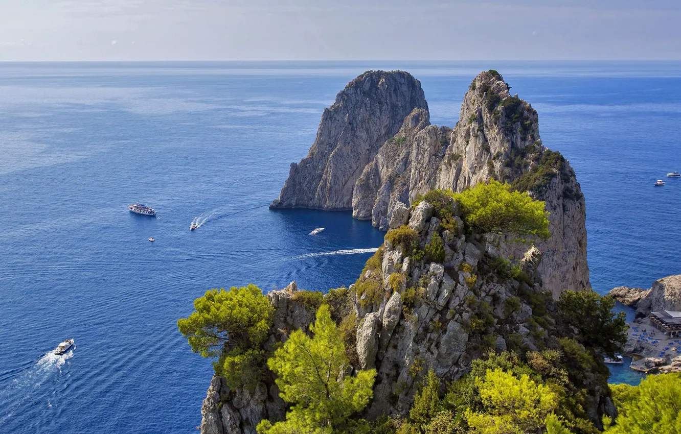 Фото обои sky, trees, sea, landscape, Italy, nature, rocks, boats