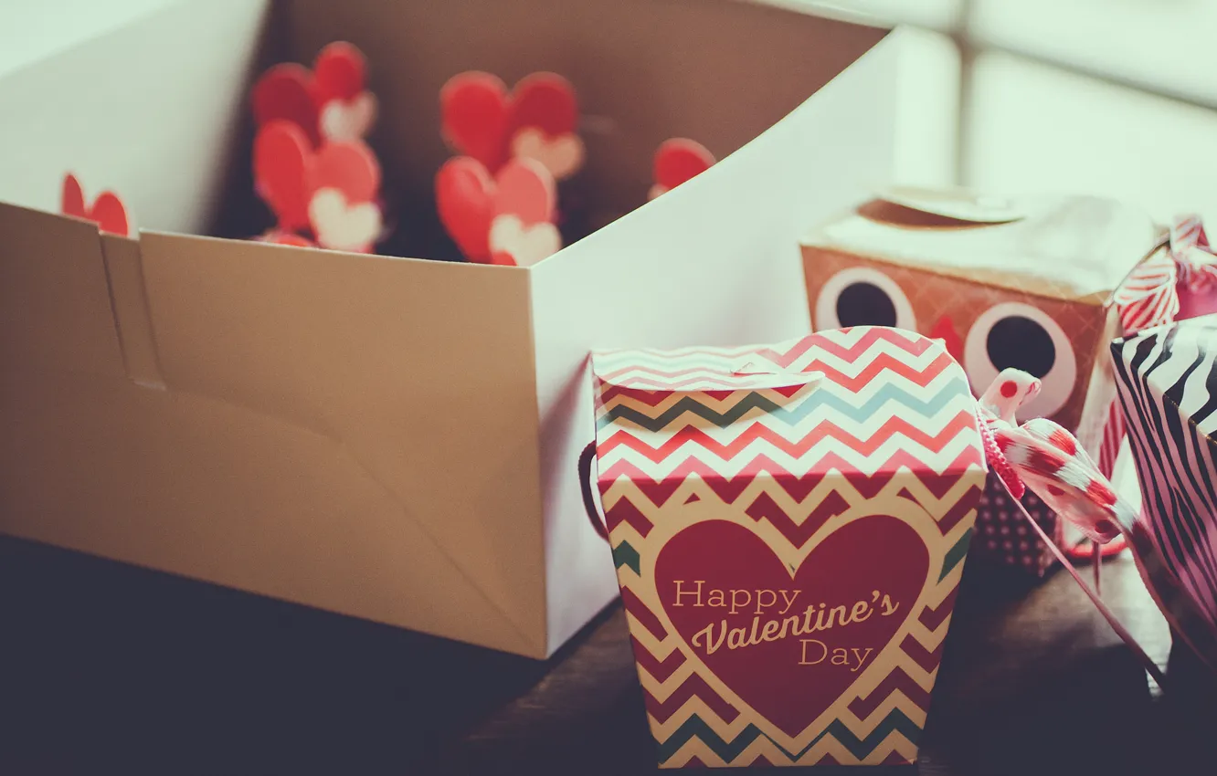 Фото обои праздник, коробка, сердце, подарки, сердечко, день влюбленных, день святого Валентина