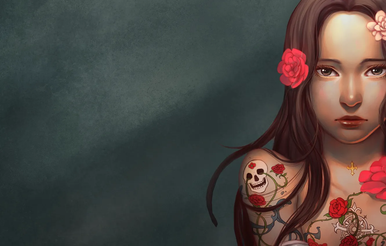 Фото обои Girl, skull, rose, long hair, minimalism, brown eyes, flowers, tattoo