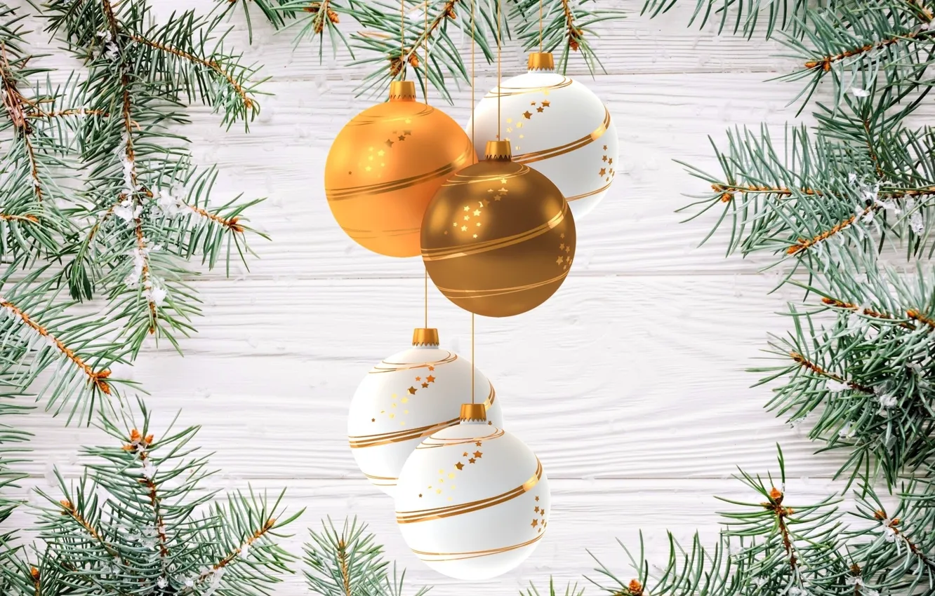 Фото обои снег, ветки, фон, праздник, шары, новый год, композиция