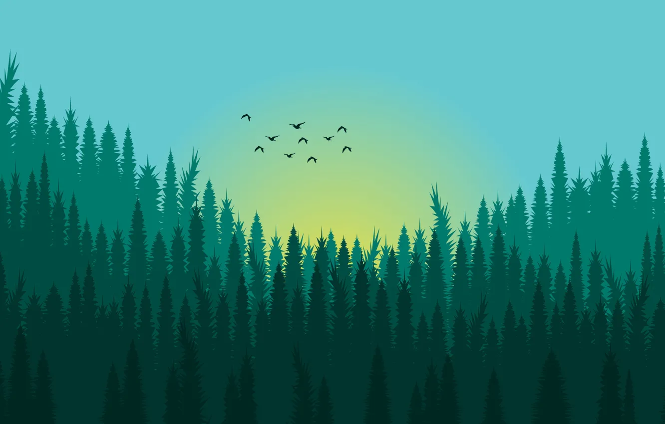 Фото обои green, forest, vector art, sky clear