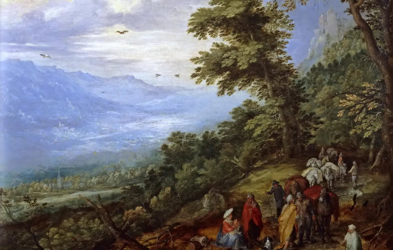 Фото обои деревья, пейзаж, горы, люди, картина, Ян Брейгель, Цыганский Табор на Лесной Дороге