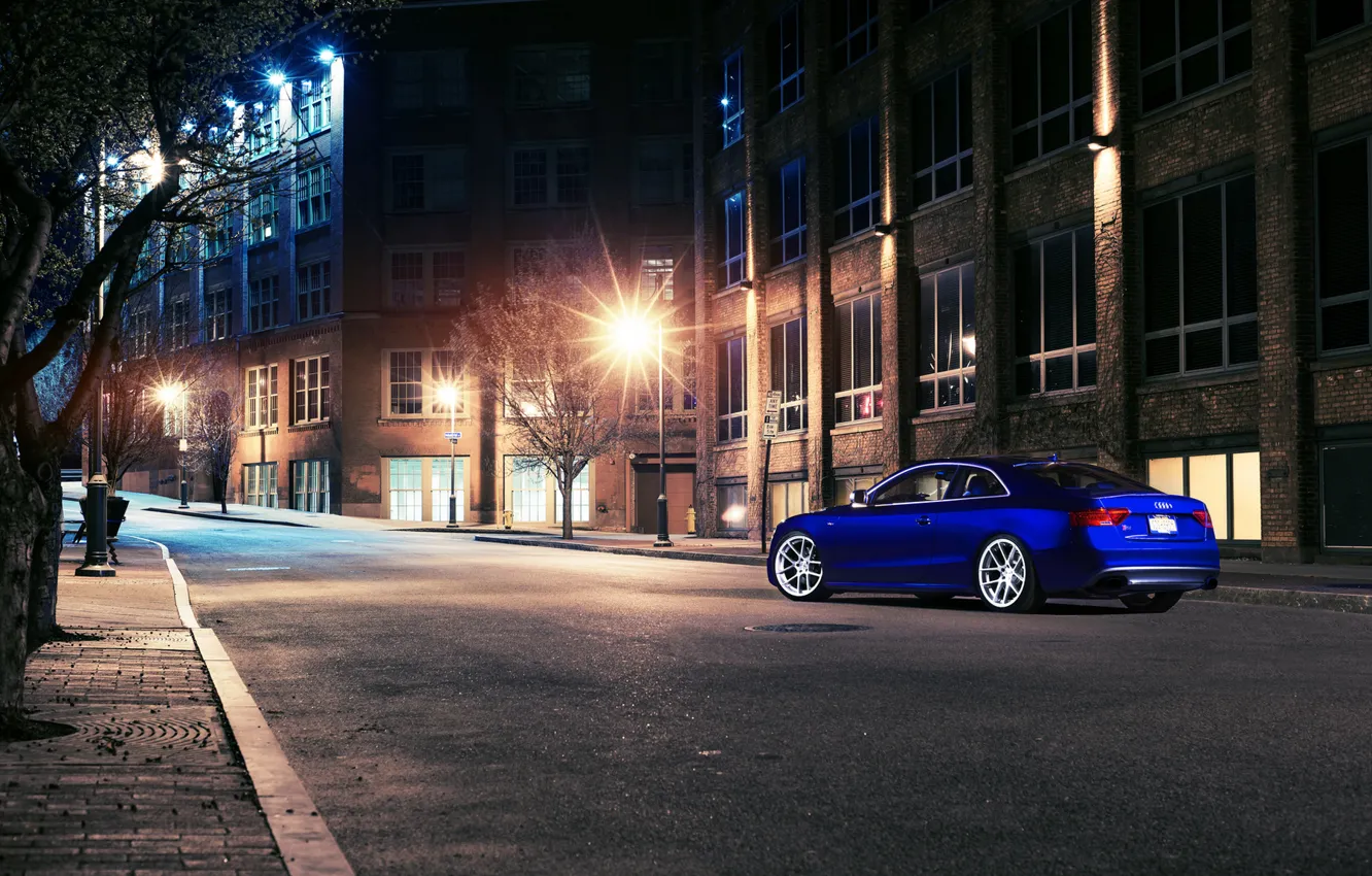 Фото обои ночь, синий, город, Audi, ауди, blue, coupe