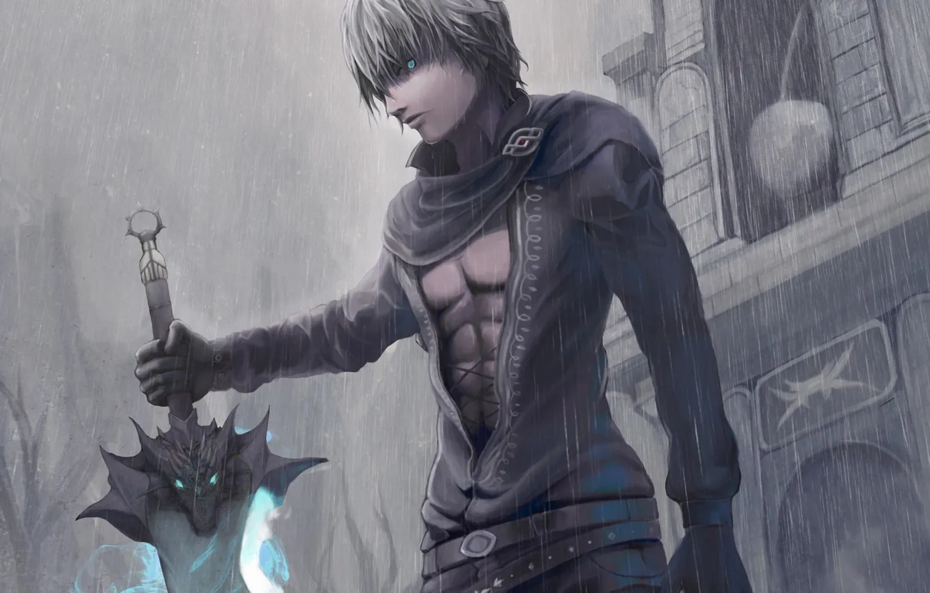 Фото обои дождь, магия, меч, арт, парень, maningusu