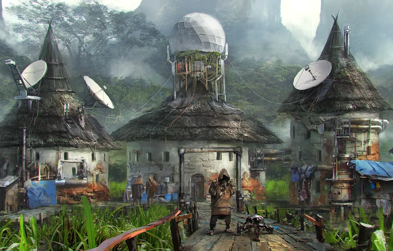 Фото обои горы, деревня, cyberpunk, campsite big