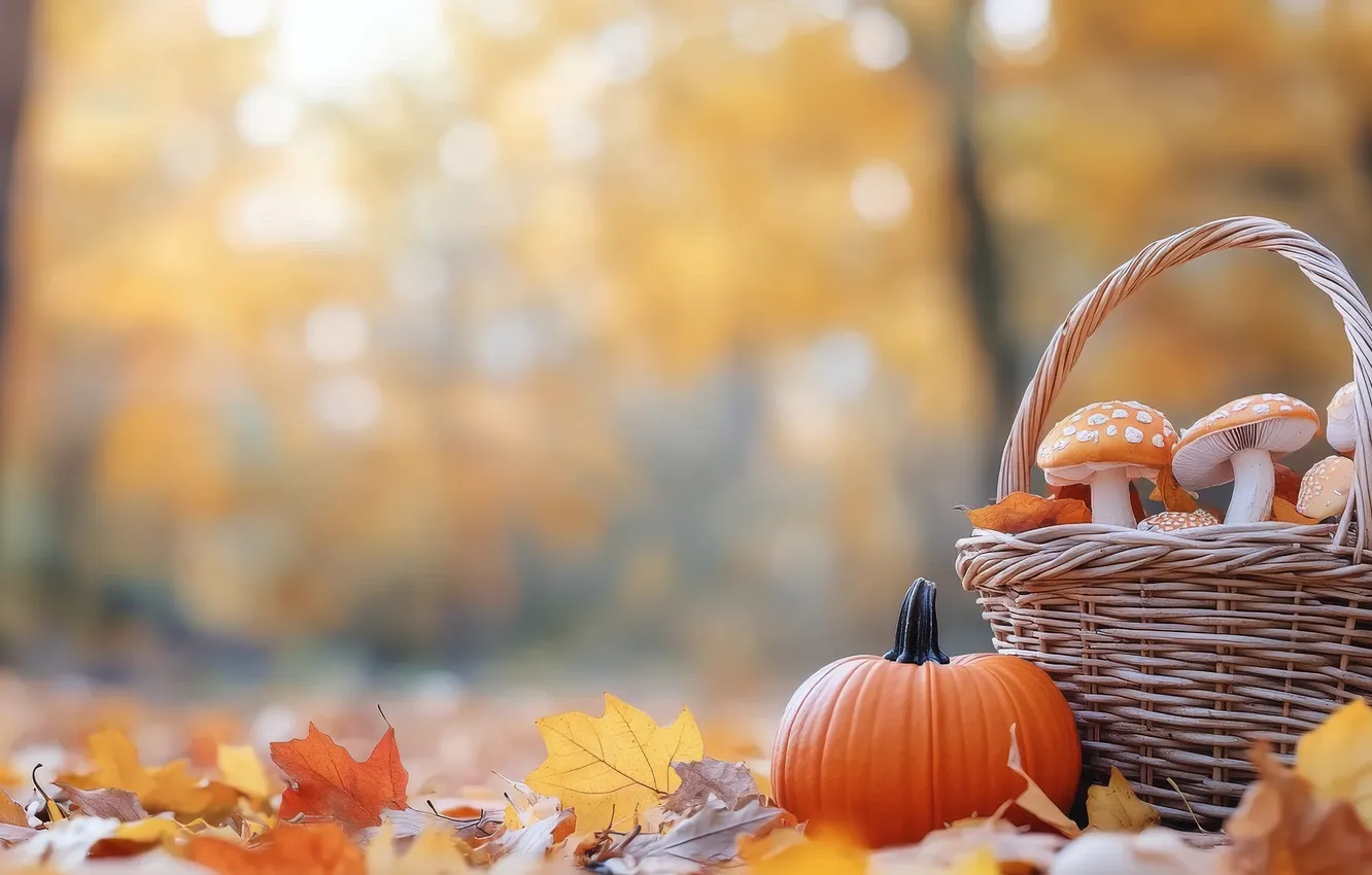 Фото обои осень, лес, природа, парк, поляна, листва, грибы, мухомор