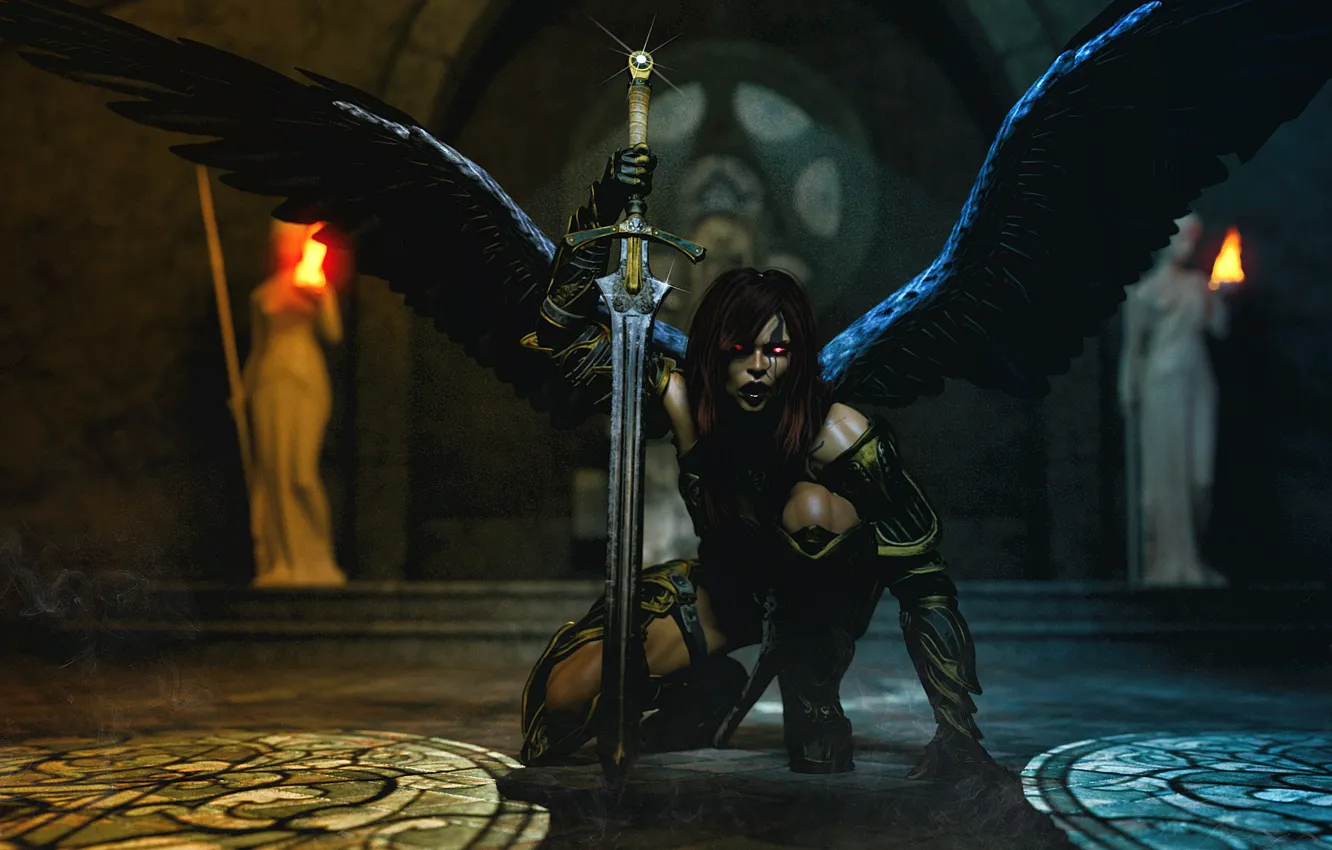 Фото обои девушка, крылья, демон, Храм, тьма.