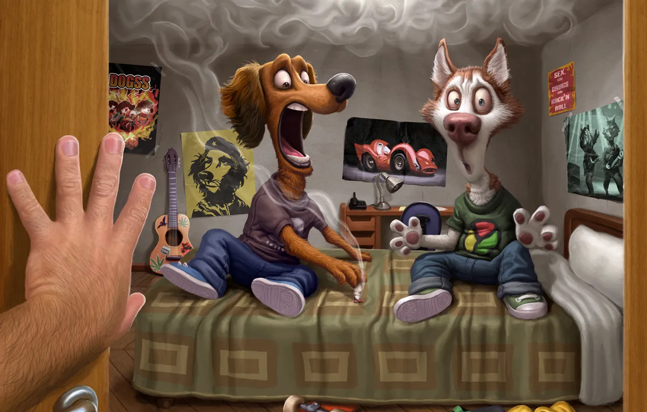 Фото обои комната, дым, собака, хозяин