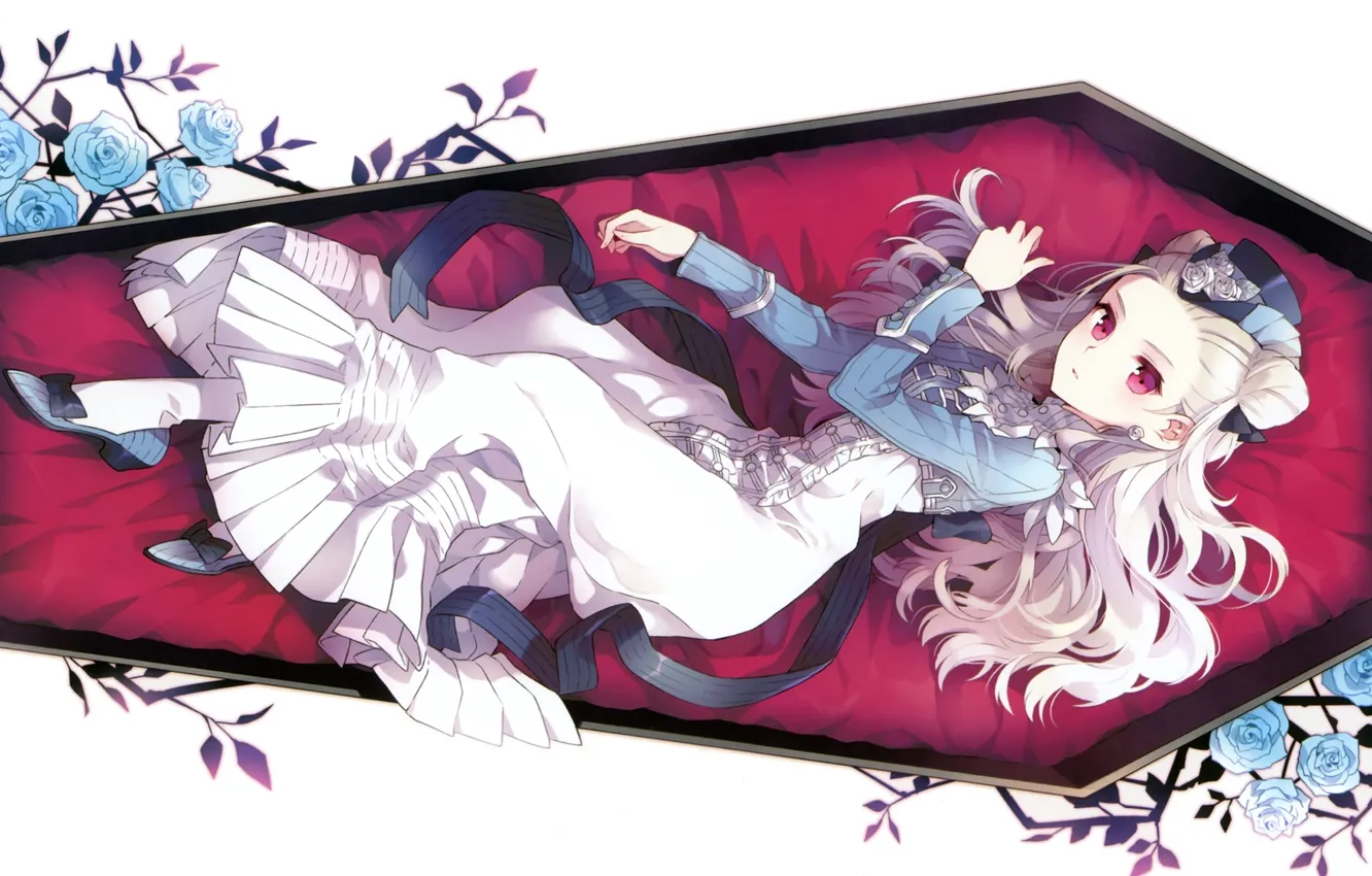 Фото обои платье, белый фон, шляпка, гроб, красные глаза, голубые розы, visual novel, вампирша