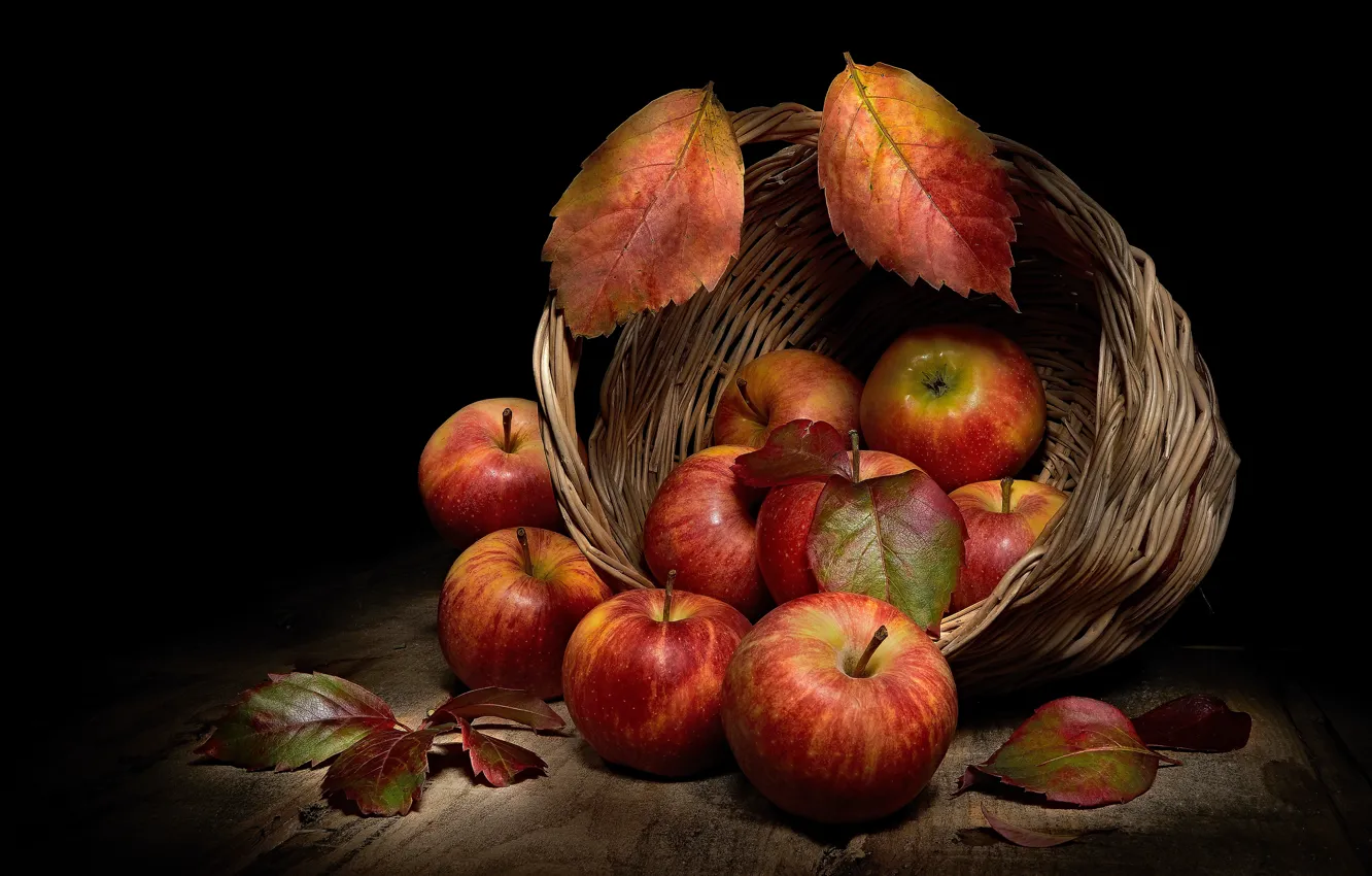 Фото обои листья, яблоки, еда, фрукты, черный фон, натюрморт, корзинка, предметы