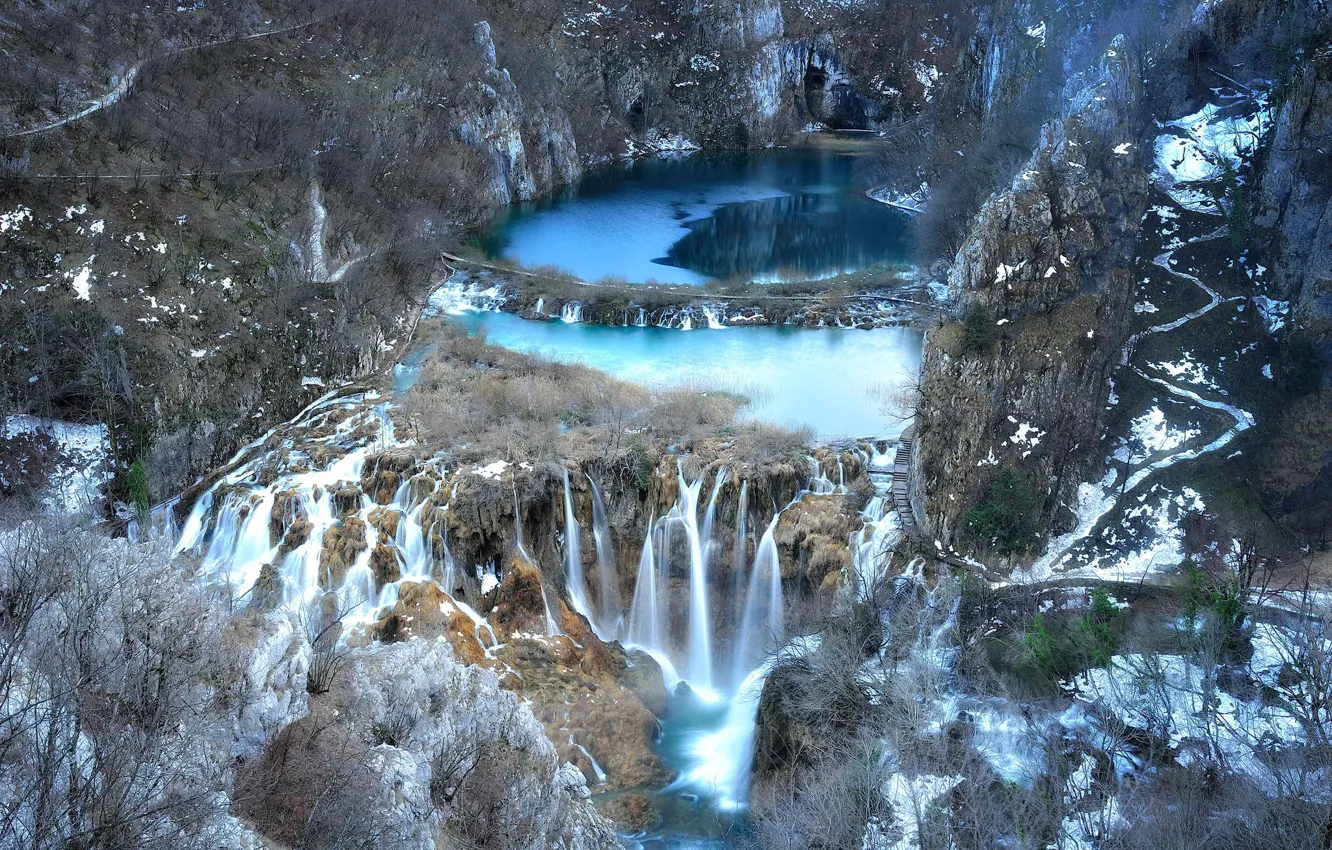 Фото обои озеро, скалы, водопад, Republika Hrvatska, national park, Plitvice Lakes