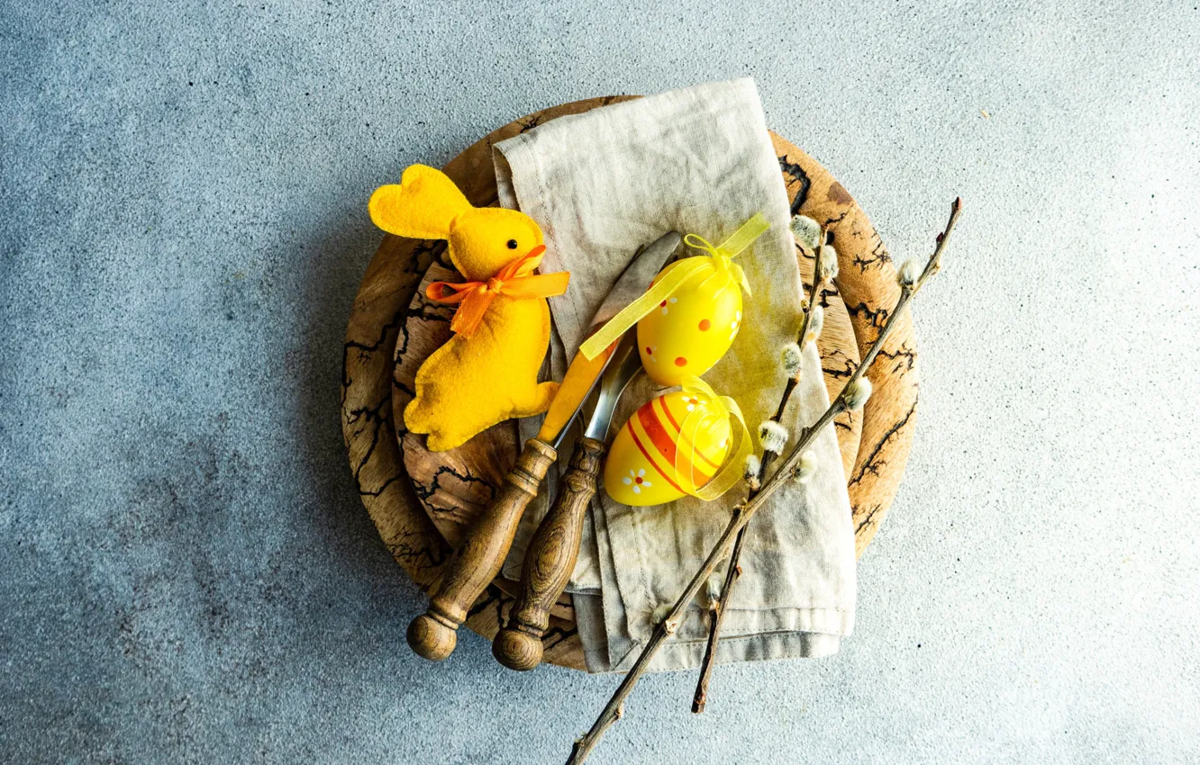 Фото обои ветки, желтый, фон, праздник, игрушка, яйца, весна, кролик