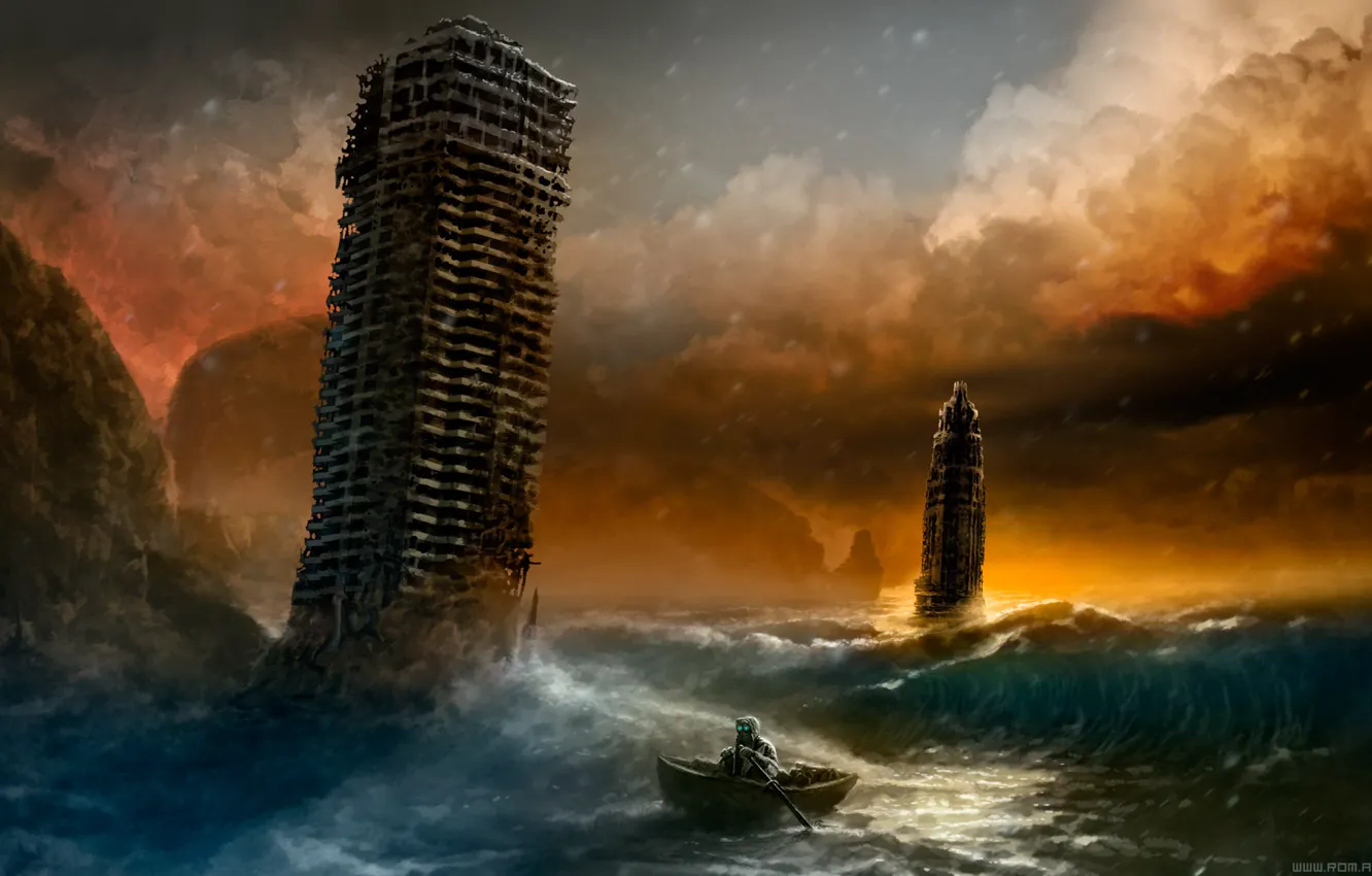 Фото обои море, волны, лодка, здания, арт, противогаз, руины, романтика апокалипсиса
