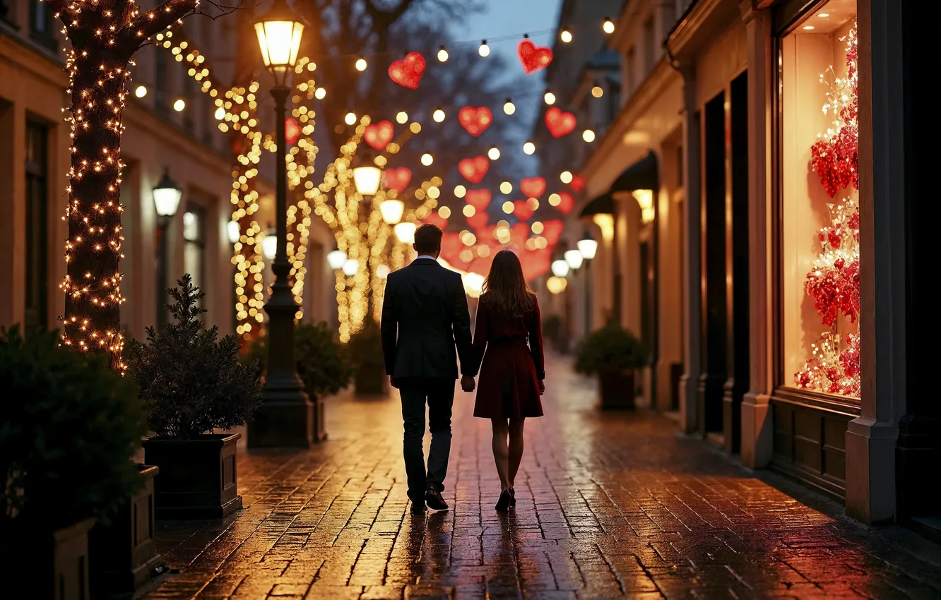 Фото обои любовь, lights, улица, романтика, сердце, пара, love, прогулка