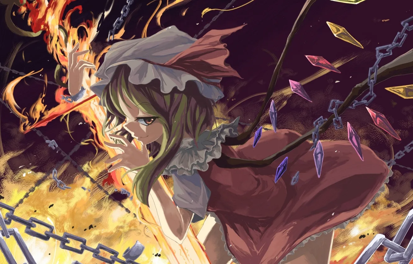 Фото обои девушка, оружие, огонь, крылья, аниме, арт, кристаллы, чепчик