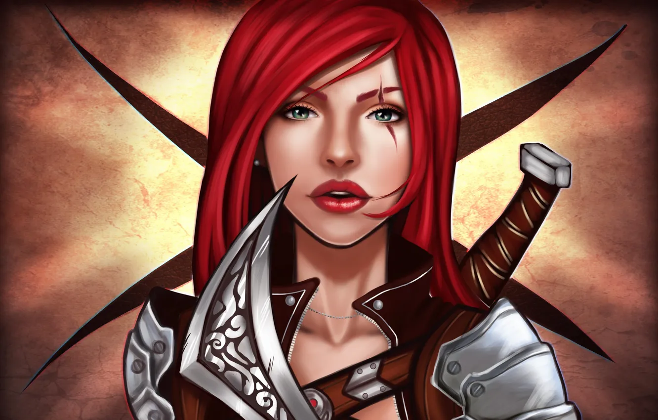 Фото обои взгляд, девушка, оружие, игра, арт, League of Legends, Katarina