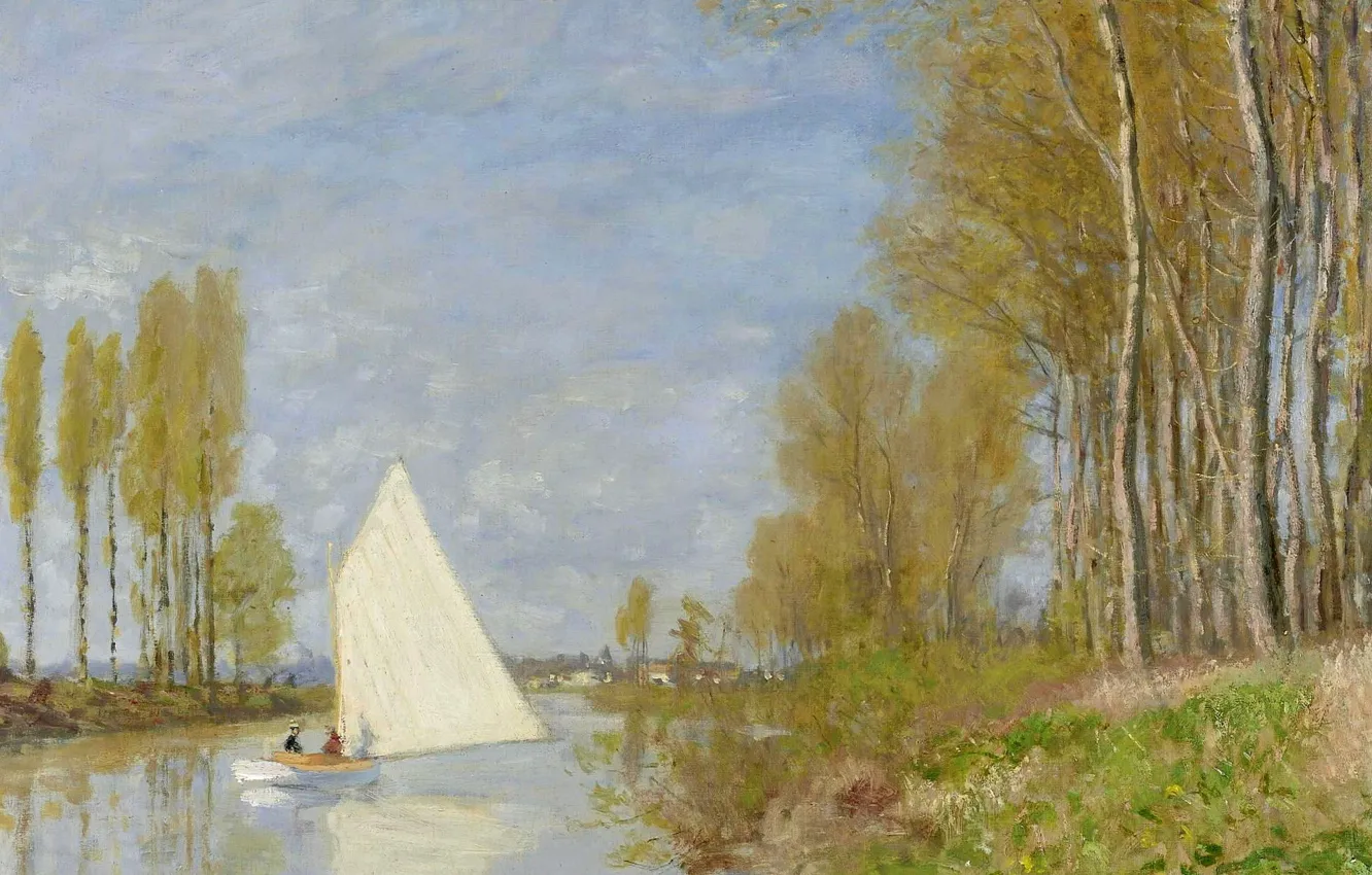 Фото обои пейзаж, картина, Claude Monet, Клод Моне, Маленькая Лодка на Протоке Сены в Аржантее