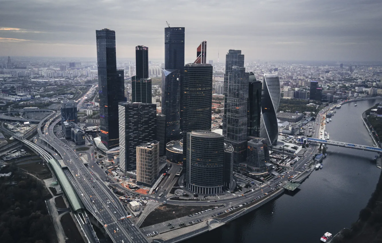 Фото обои Река, Набережная, Небоскребы, Москва, Россия, Москва-Сити, Деловой центр, Пресненская набережная