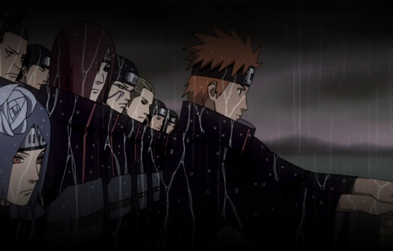 Фото обои ночь, Naruto, ливень, отряд, ninja, Akatsuki, Yahiko, Nagato