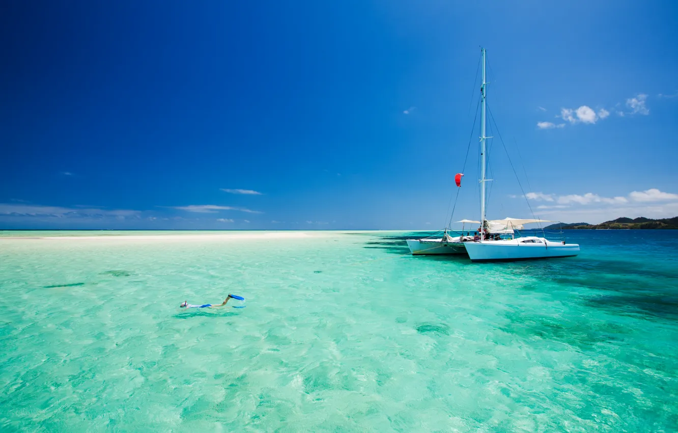 Фото обои пляж, океан, отдых, берег, лодки, плавание, Fiji, snorkeling