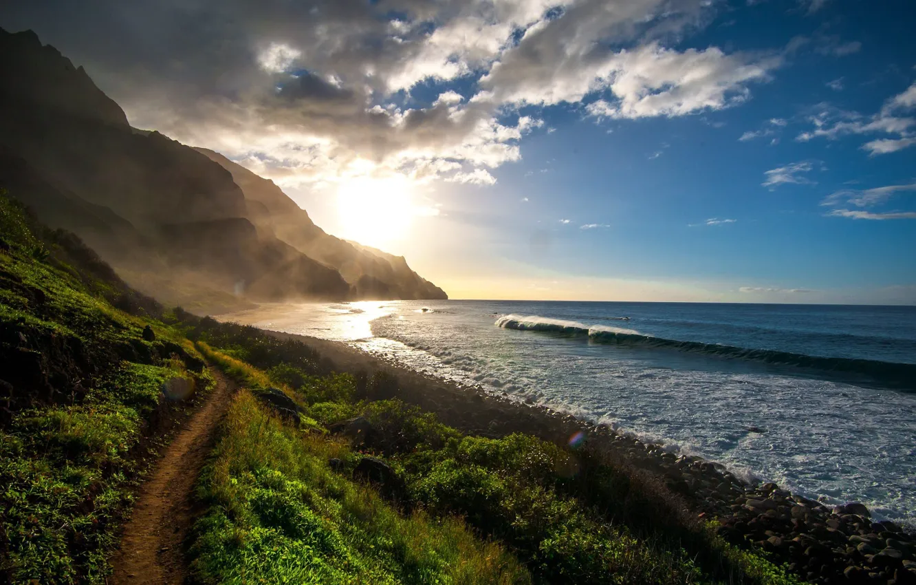 Фото обои waves, grass, sky, photography, Pacific Ocean, sea, ocean, landscape