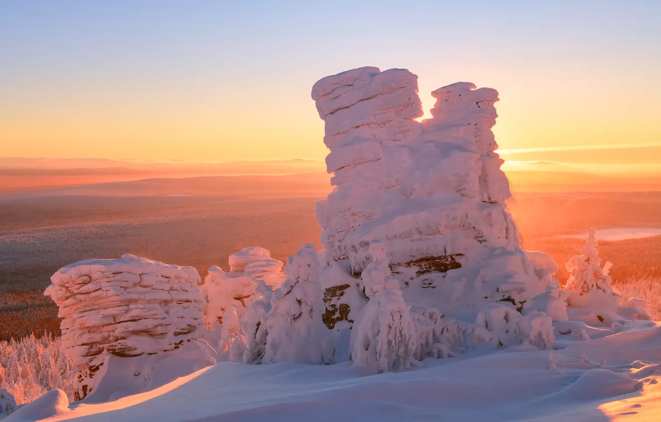 Фото обои ice, rocks, snow, sunrise, frozen