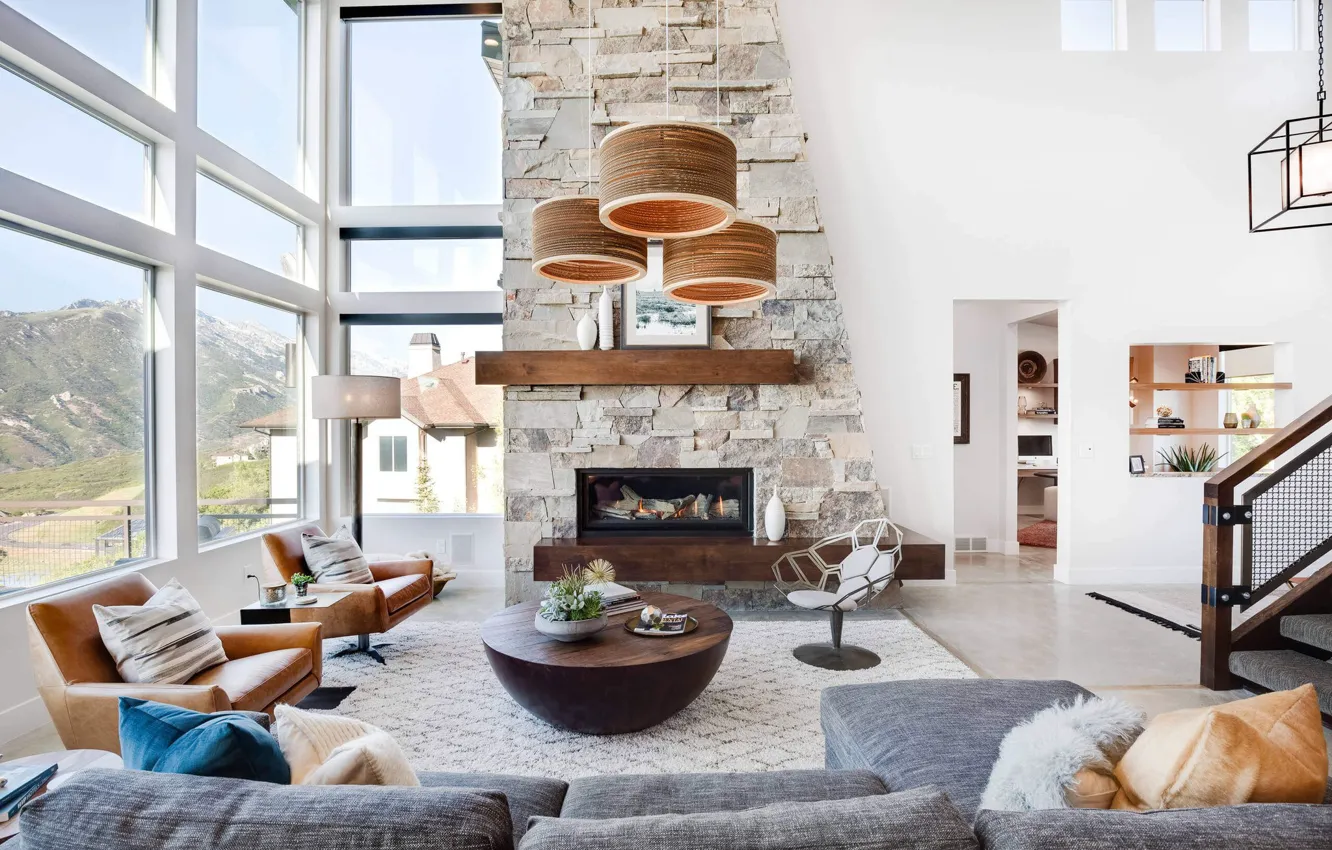 Фото обои вилла, интерьер, камин, гостиная, House in Draper