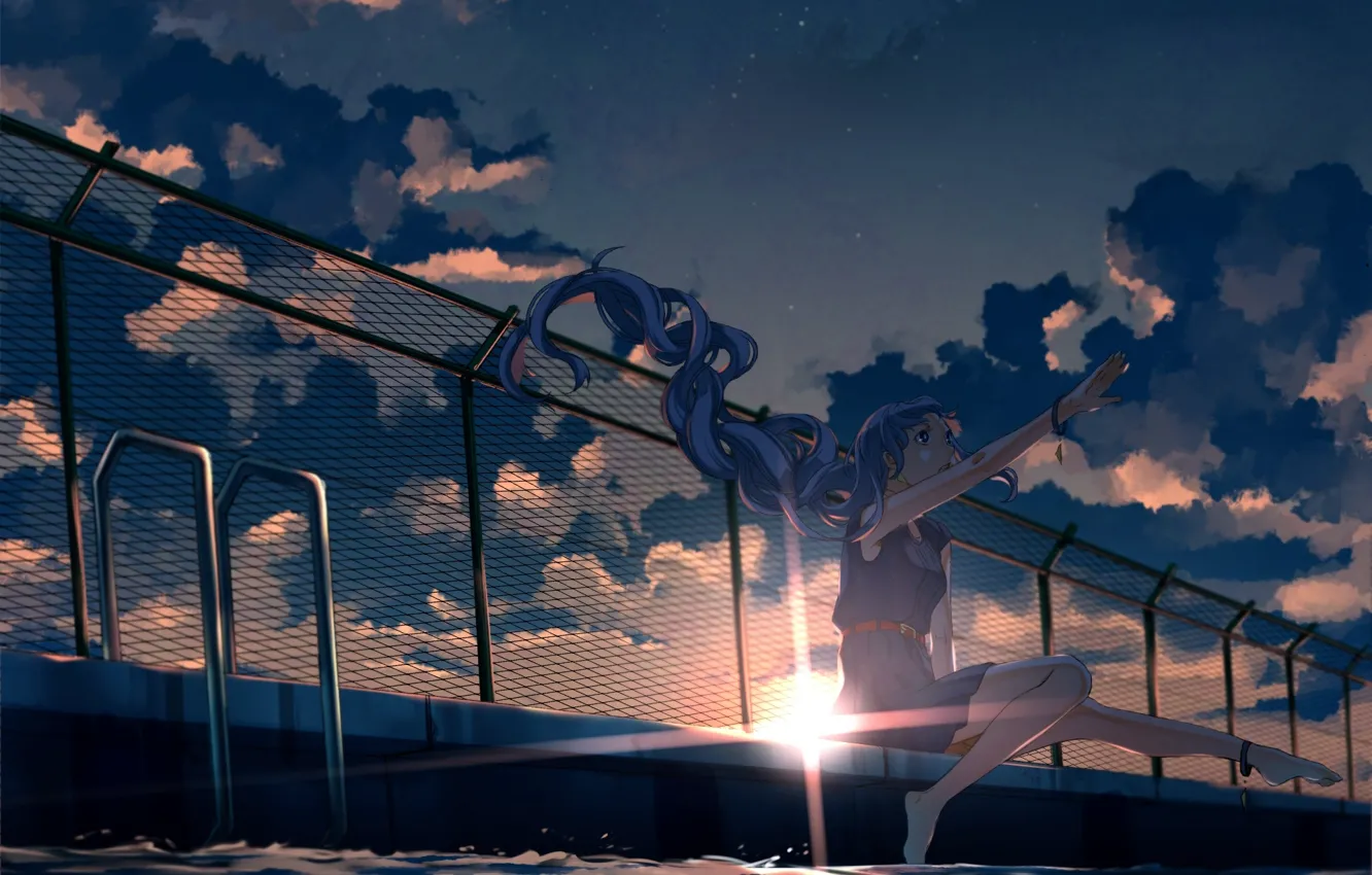 Фото обои небо, девушка, солнце, облака, закат, забор, аниме, бассейн