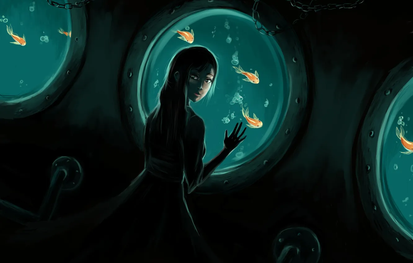 Фото обои море, девушка, рыбки, рыбы, темно, арт, под водой, иллюминаторы