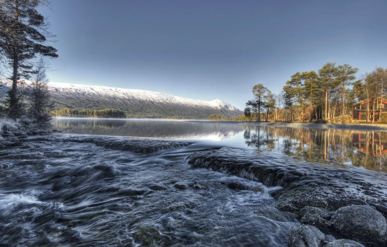 Фото обои лес, пейзаж, природа, река, камни, течение, горизонт, Норвегия